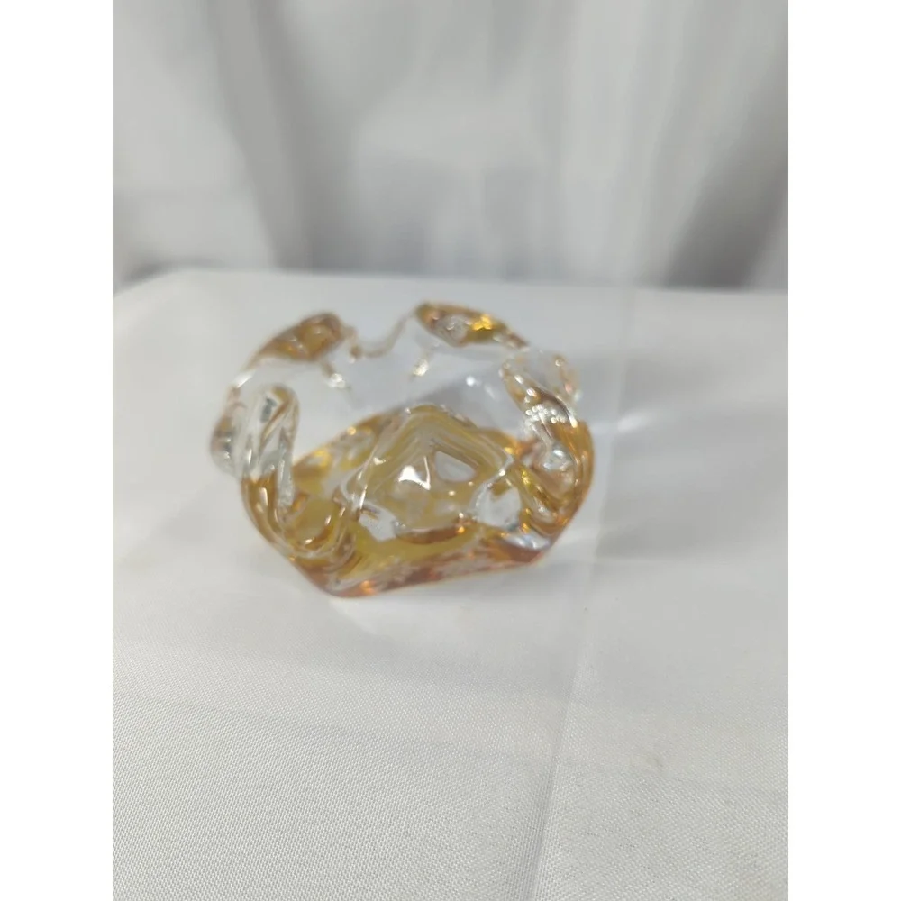 Vintage Crystal Ash Tray Amber Base Clear Upper Etched Floral Design